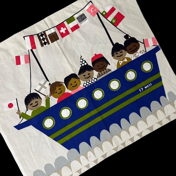 Vintage Tapestry Wall Hanging Curtain Panel Ship Flags Happy Children Retro - Picture 1 of 10
